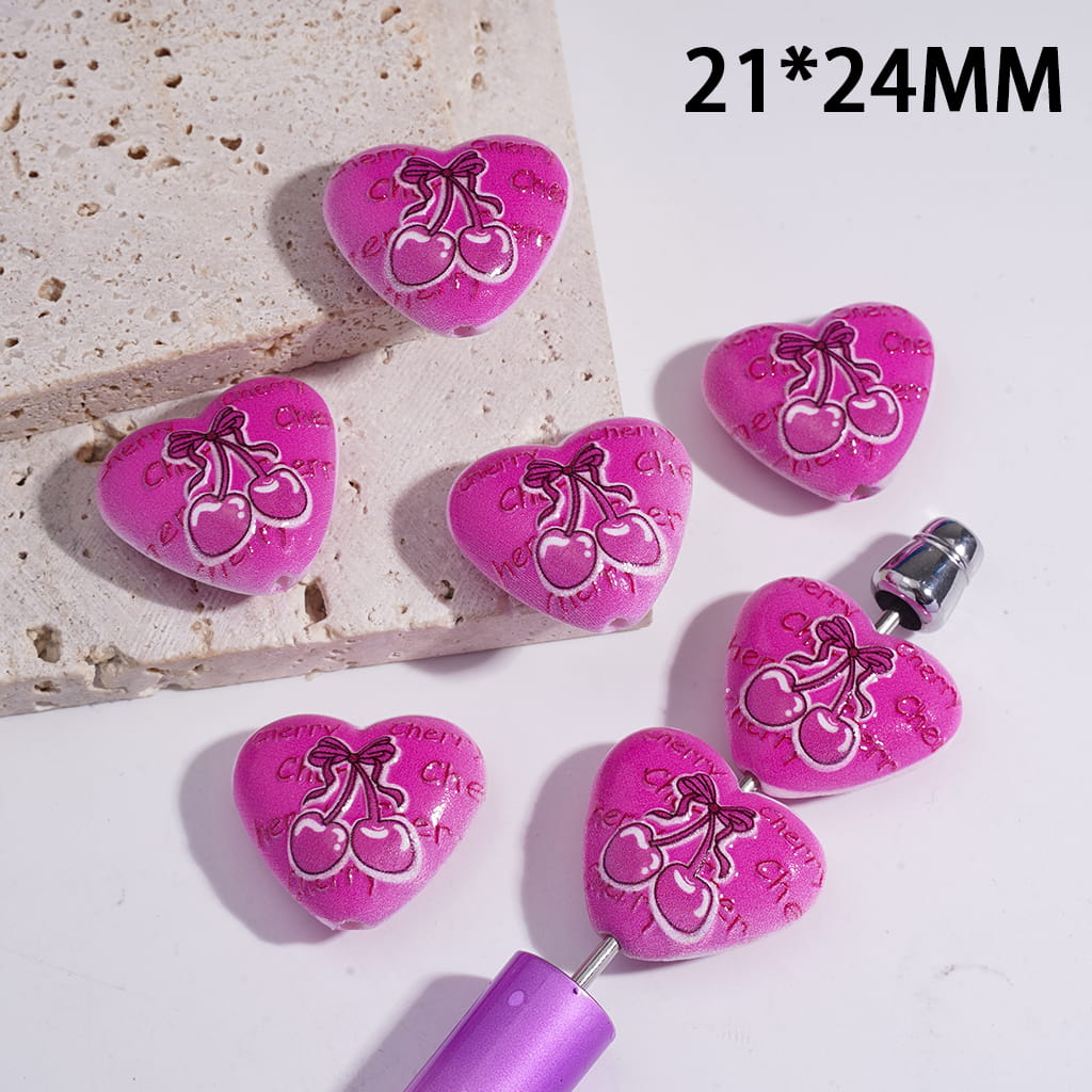 Cute Heart Shape Acrylic Beads with “Cherry” Lettering & Rose Red Cherry Graphics 21*24MM