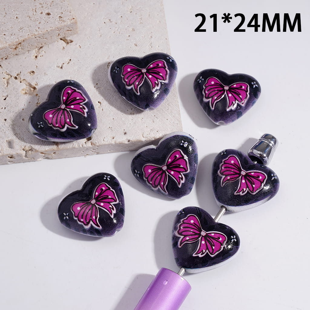 Cute Heart-Shaped Acrylic Beads with Bowtie Graphic & Dark Background Design 21*24MM