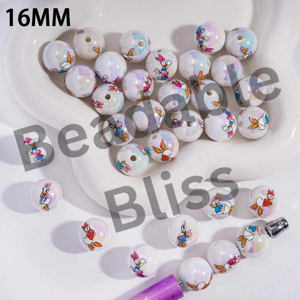 Acrylic Beads for Bracelets UV Coating with Girl Duck Character, 16MM, Random Mix