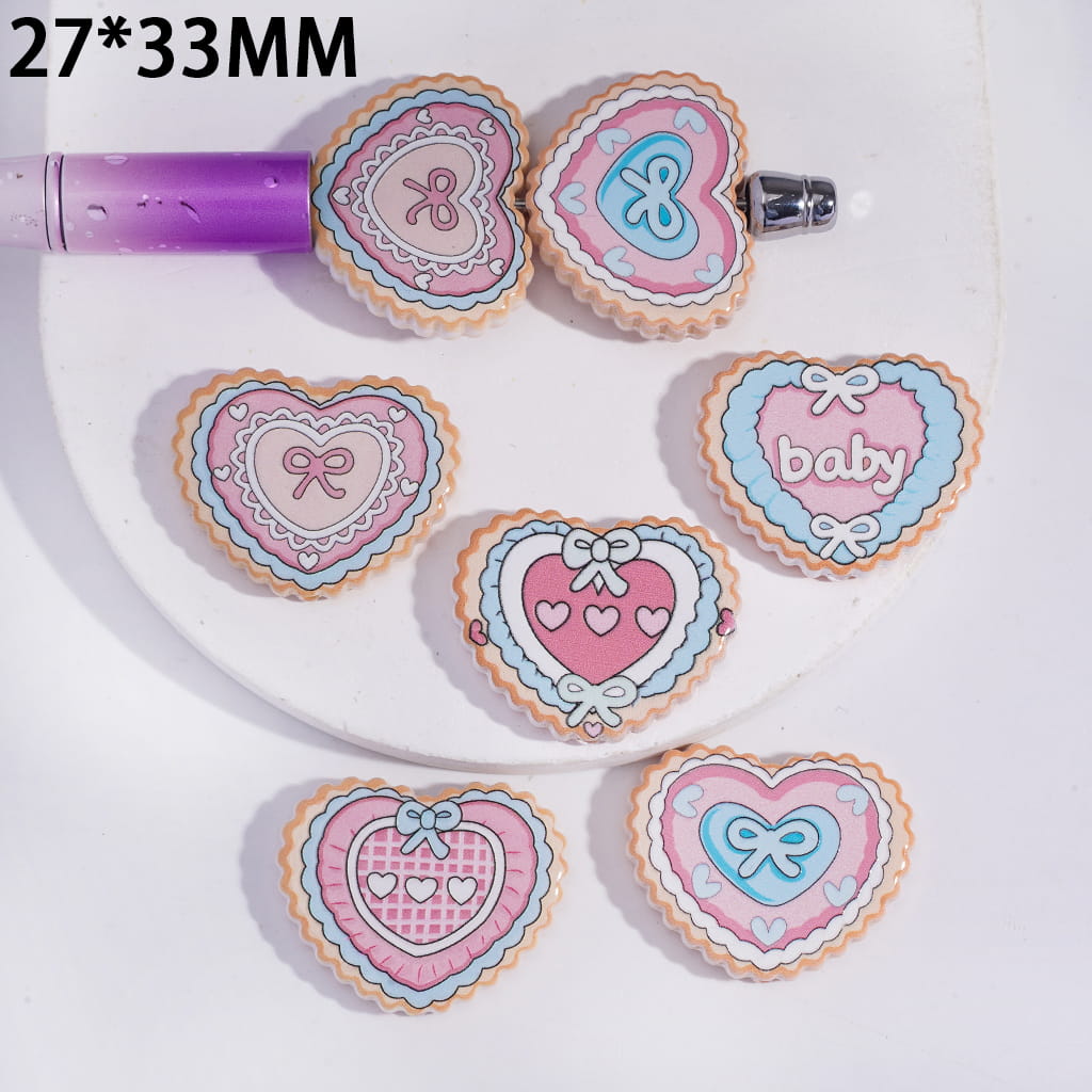 Cute Bowtie Print on Heart Biscuit Shape Acrylic Beads 27*33MM Random Mix