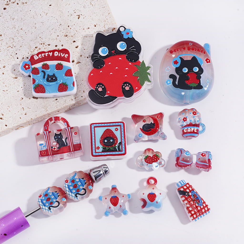 Red Strawberry and Black Cat Kitten Theme Designs Series in Various Shape & Design Acrylic Beads Pendants Random Mix