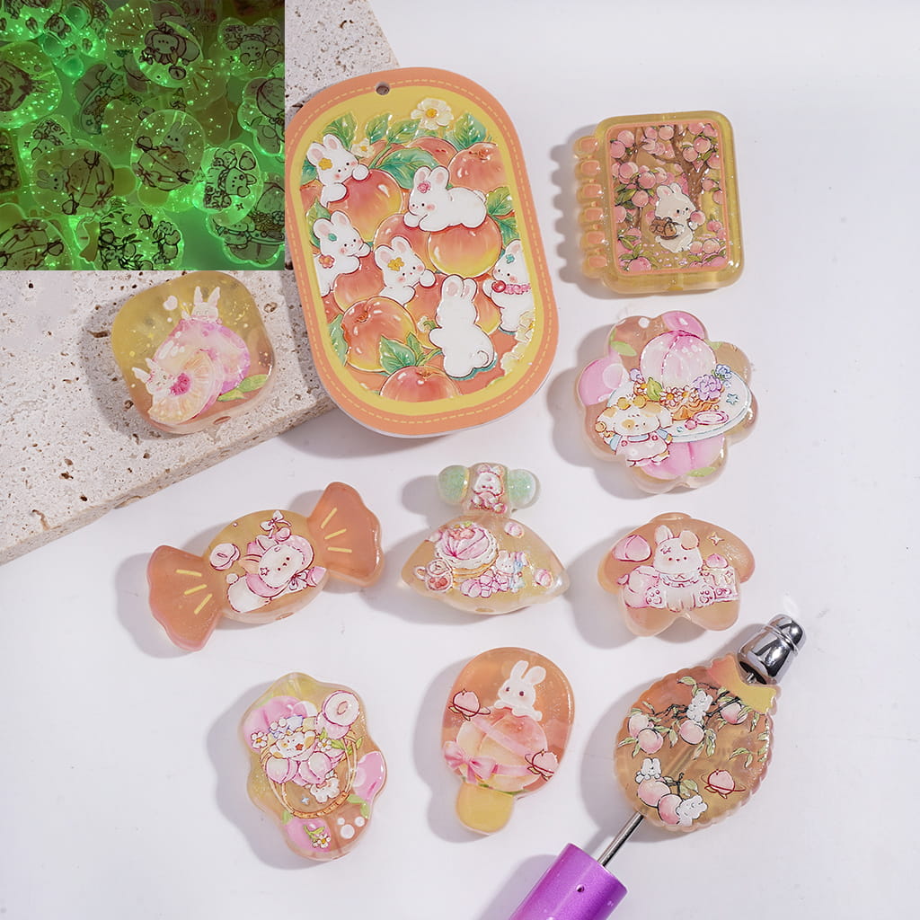 Luminous Bunny and Peach Fruit Prints Series in Various Shape & Design Acrylic Beads Pendants Random Mix