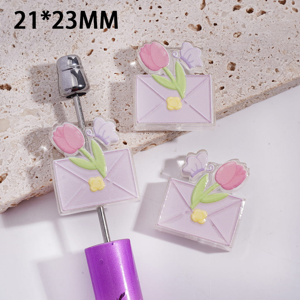 Translucent Pastel Pink Envelope with Tulip Flower & Butterfly Acrylic Beads 21*23mm