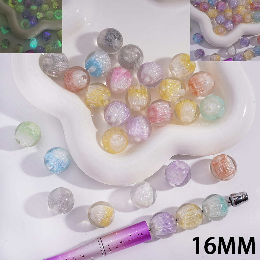 Luminous Color Changing with Glitter and Flower Embedded Inside Round Acrylic Beads for Bracelets 16MM, Random Mix