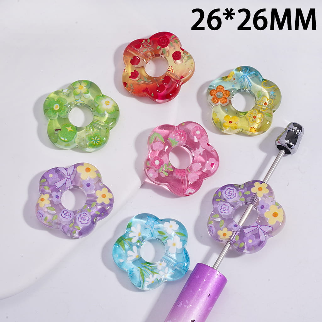 Flower Shape Acrylic Beads in Various Mini Flowers Prints, Translucent, 26*26MM, Random Mix