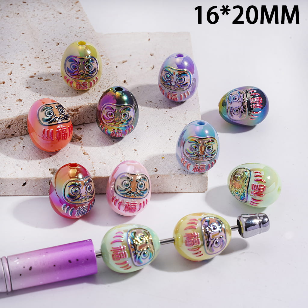 Japanese Traditional Mascot Patterns Egg Shape Acrylic Beads 16*20MM, Random Mix