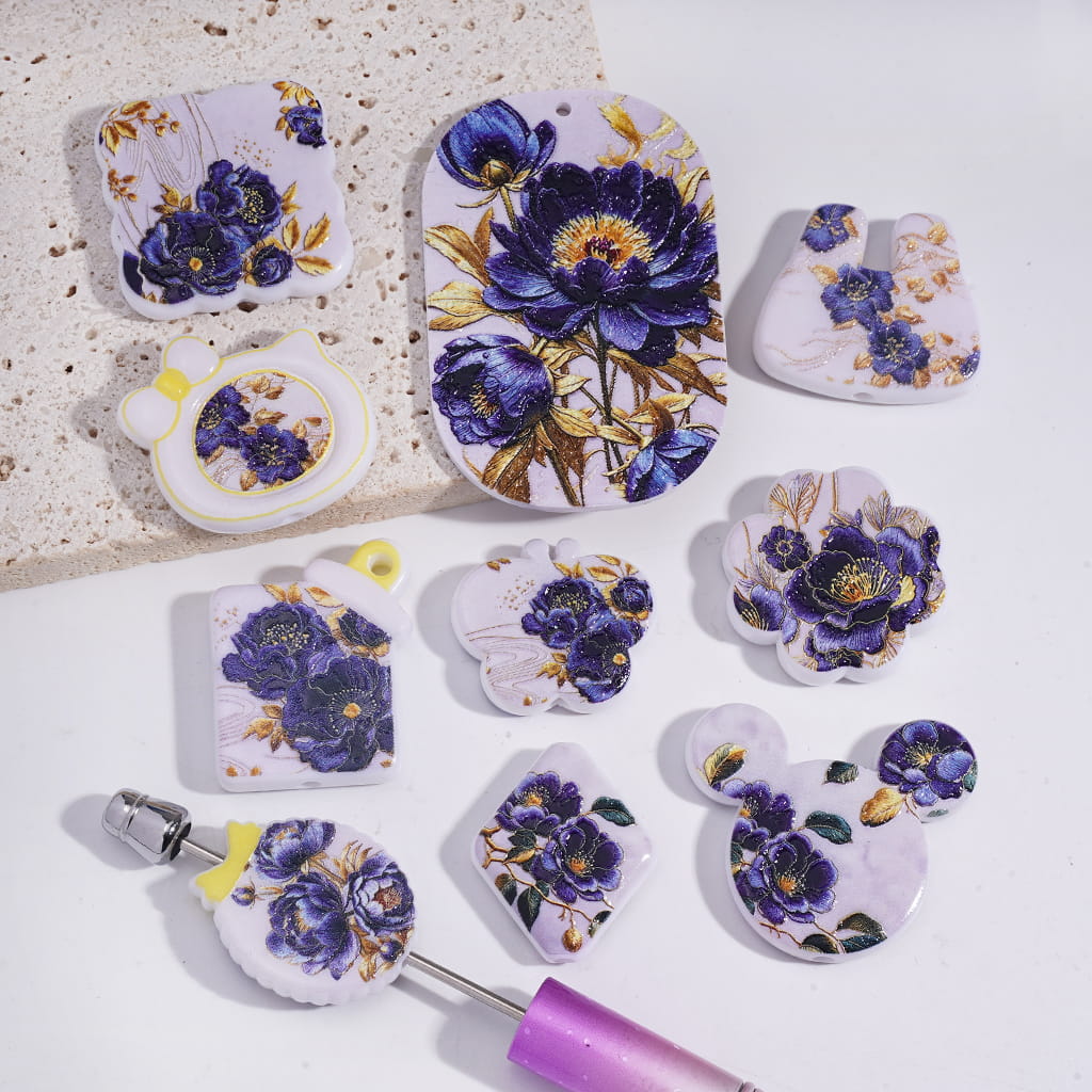 Purple Peony Flower Theme Elegant Floral Design Acrylic Beads Pendants Random Mix