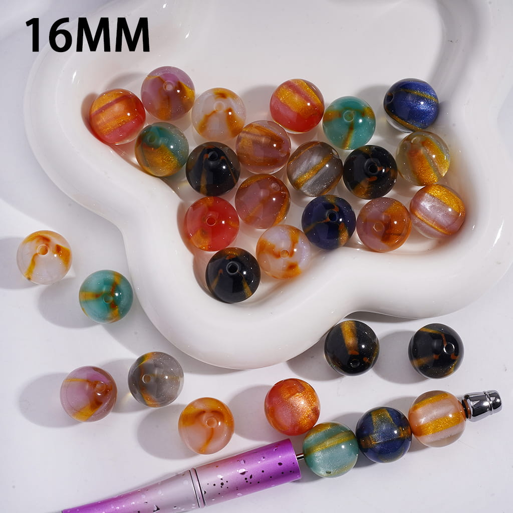Three Gold Glitter Stripes Elegant Shiny Round Acrylic Beads for Bracelets 16MM Random Mix