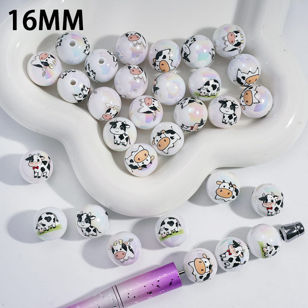 UV Coating Cute Farm Animal Dairy Cow Prints Round Shape Acrylic Beads for Bracelets 16MM Random Mix