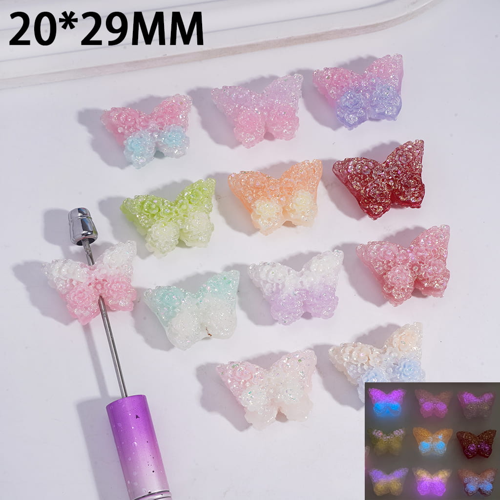 Luminous Butterfly Acrylic Beads with Glitter Flower Double Layer 20*29MM, Random Mix