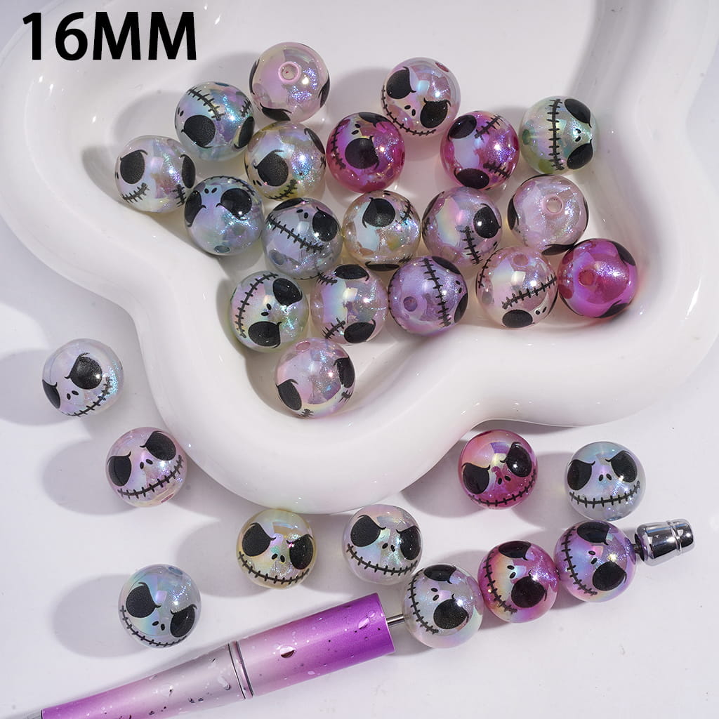 UV Coating Halloween Skeleton Couple Print on Round Acrylic Beads with Glitter 16mm Random Mix