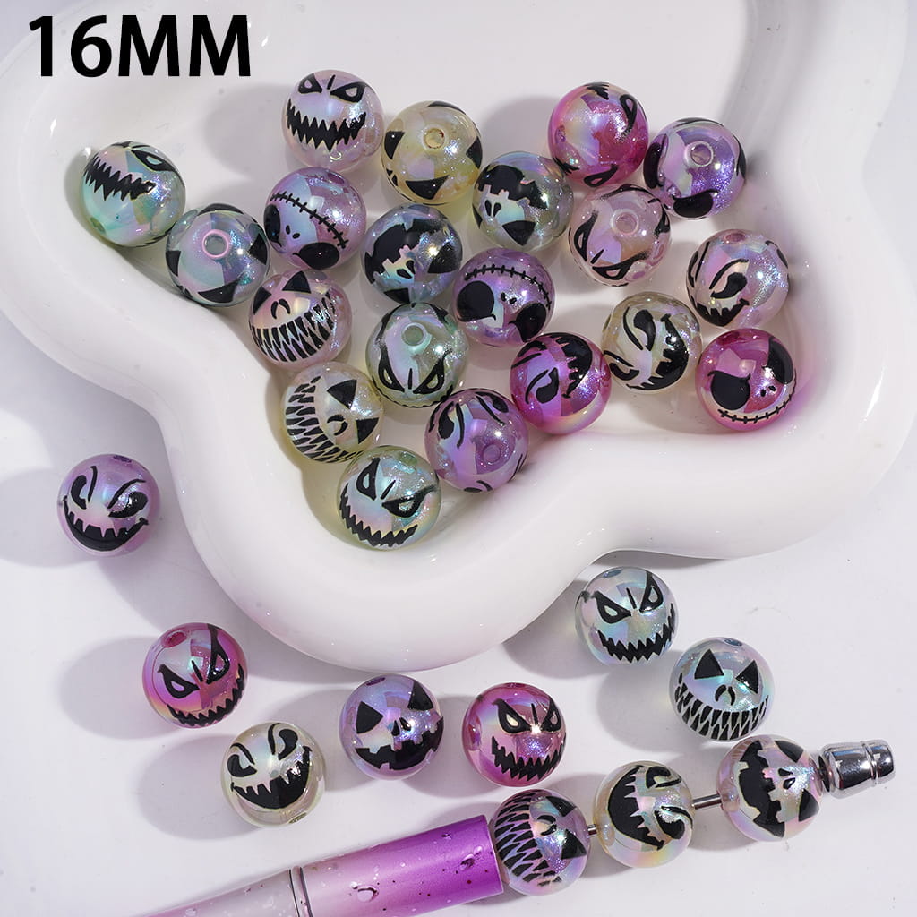 UV Coating Spooky Evil Face with Glitter Halloween Theme Round Acrylic Beads 16mm Random Mix
