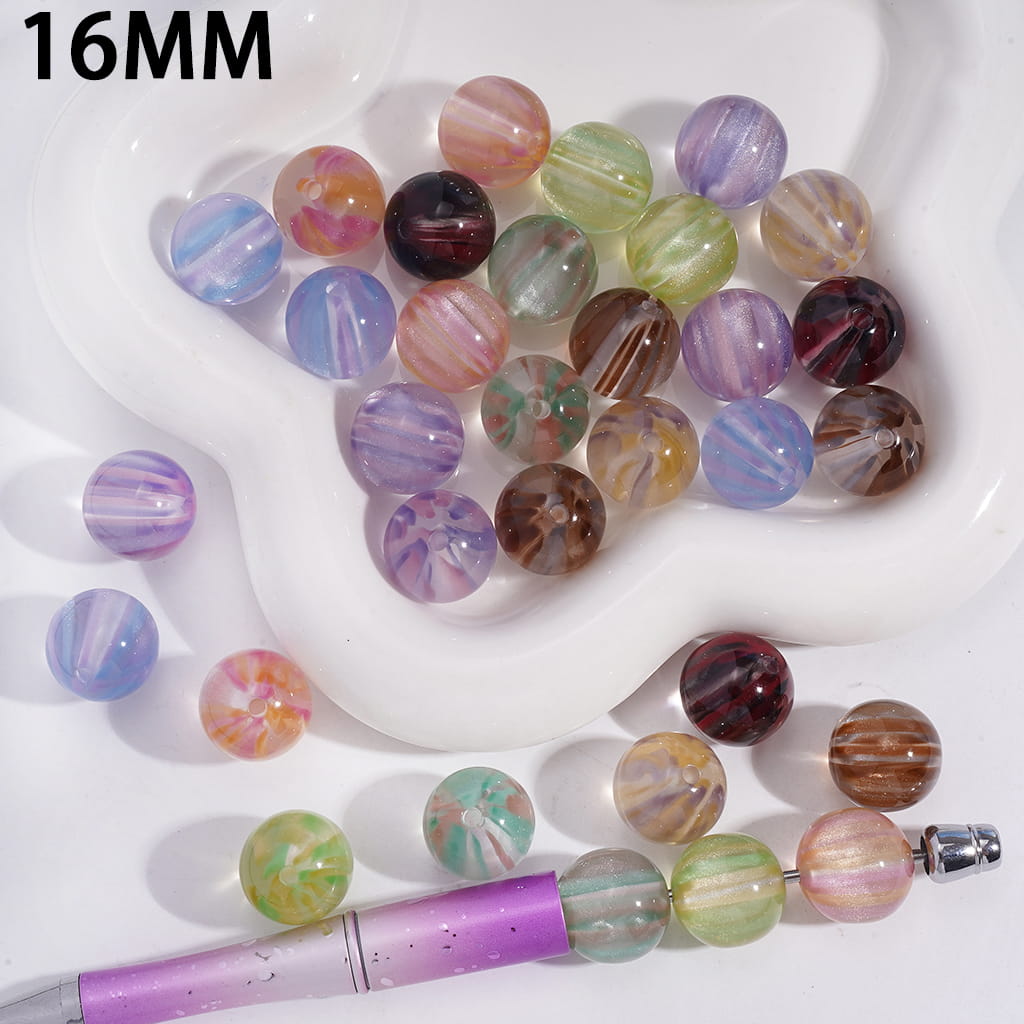 Colorful Fireworks Stripes and Glitter Round Shape Acrylic Beads for Bracelets 16MM, Random Mix