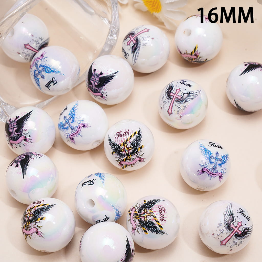 Acrylic Beads for Bracelets UV Coating with Religion Cross and Wings Patterns, 16MM, Random Mix