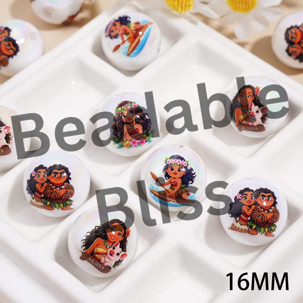 Acrylic Beads for Bracelets UV Coating with Sea Navigator Adventure Girl Character Prints, 16MM, Random Mix