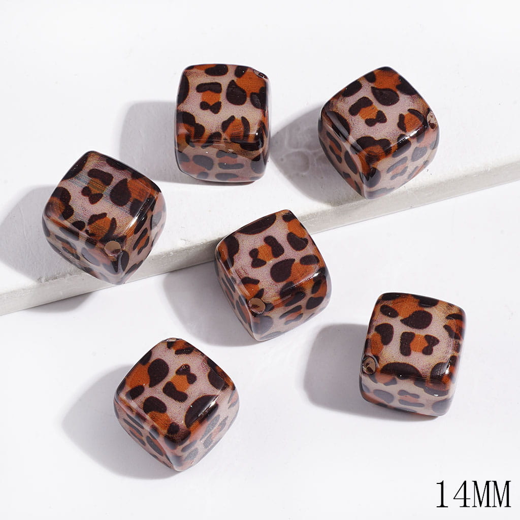 Earthy Tan and Orange Leopard Print Cube Square Shaped Acrylic Beads with Diagonal Holes, 14MM