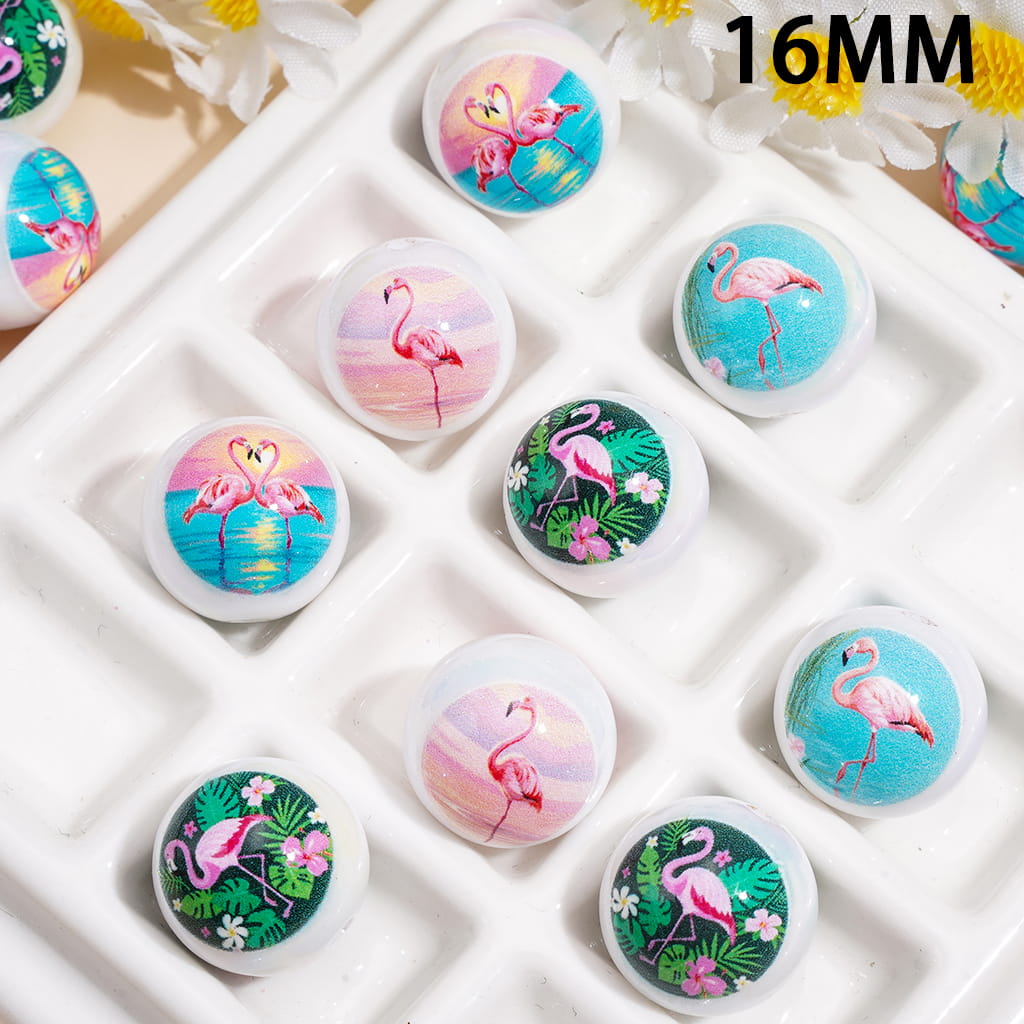 Tropical Pink Flamingo Bird with Sunset and Jungle Leaf Designs, Glossy UV-Coated Round Acrylic Beads for Bracelets, 16MM, Random Mix