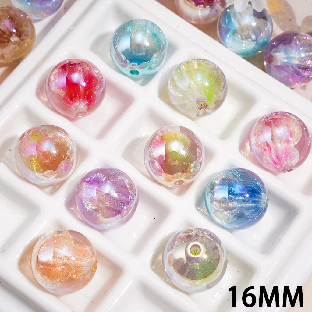 Acrylic Beads for Bracelets UV Coating with Gourd and Glitter Embedded Inside, 16MM, Random Mix