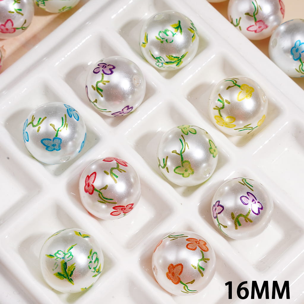 Colorful Flower Printed Round Shape Pearl Acrylic Beads for Bracelets,16MM, Random Mix