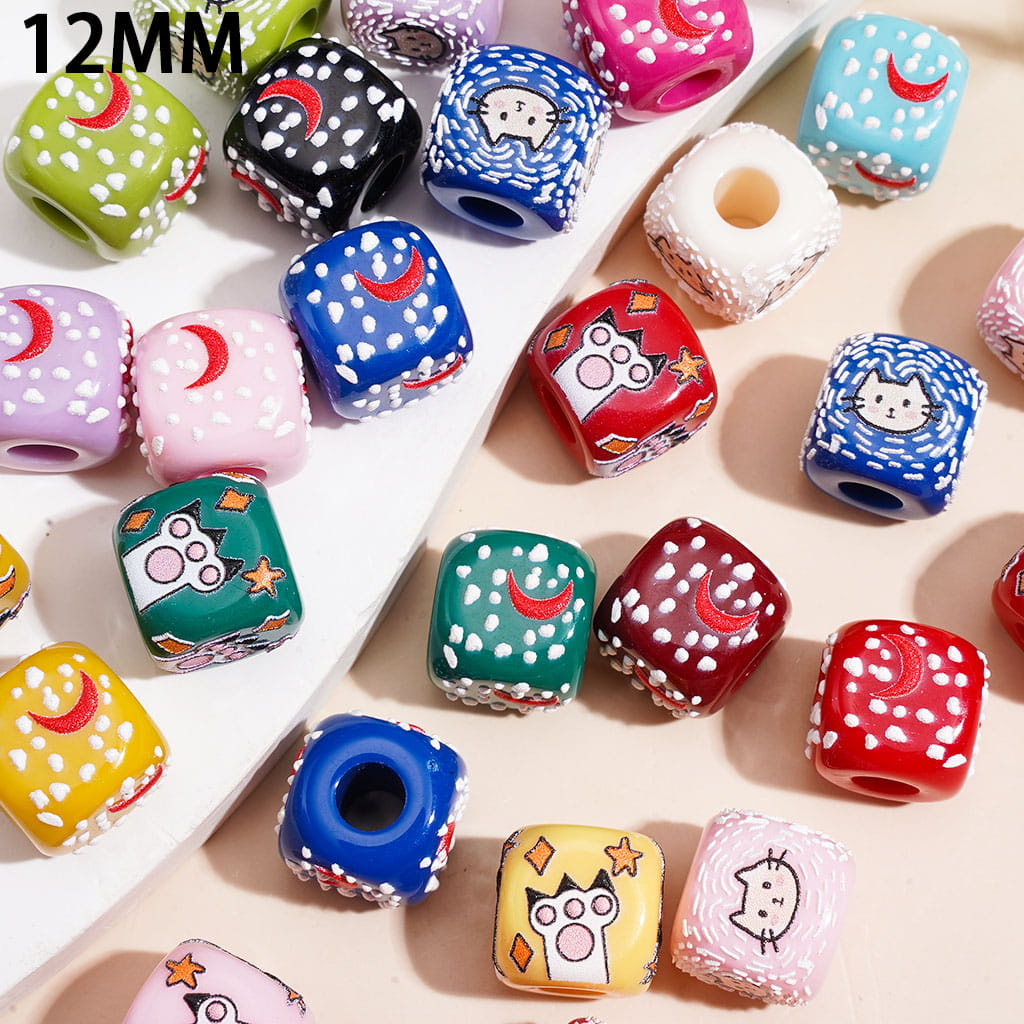 Cartoon Snow Moon Cat Hand-Printed Acrylic Beads, Cube Square Shape, 12MM, Random Mix