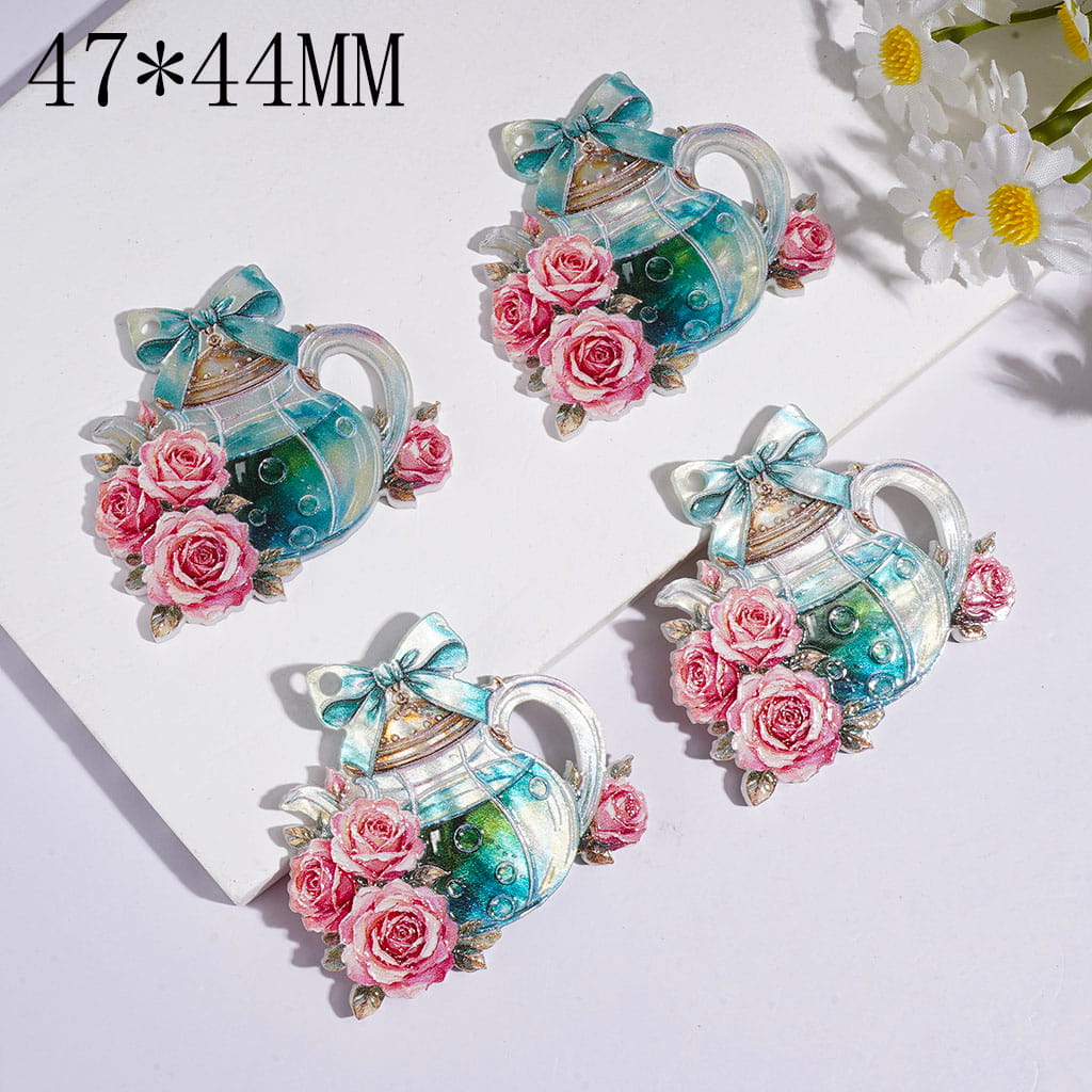 Water Teapot Shape with Rose Flower and Cyan Bow Acrylic Pendants 47*44MM