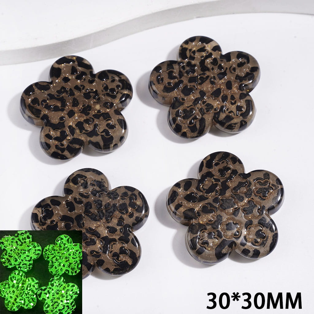 Light Brown Jaguar Print Flower Acrylic Focal Beads with Glitter, 30 × 30mm