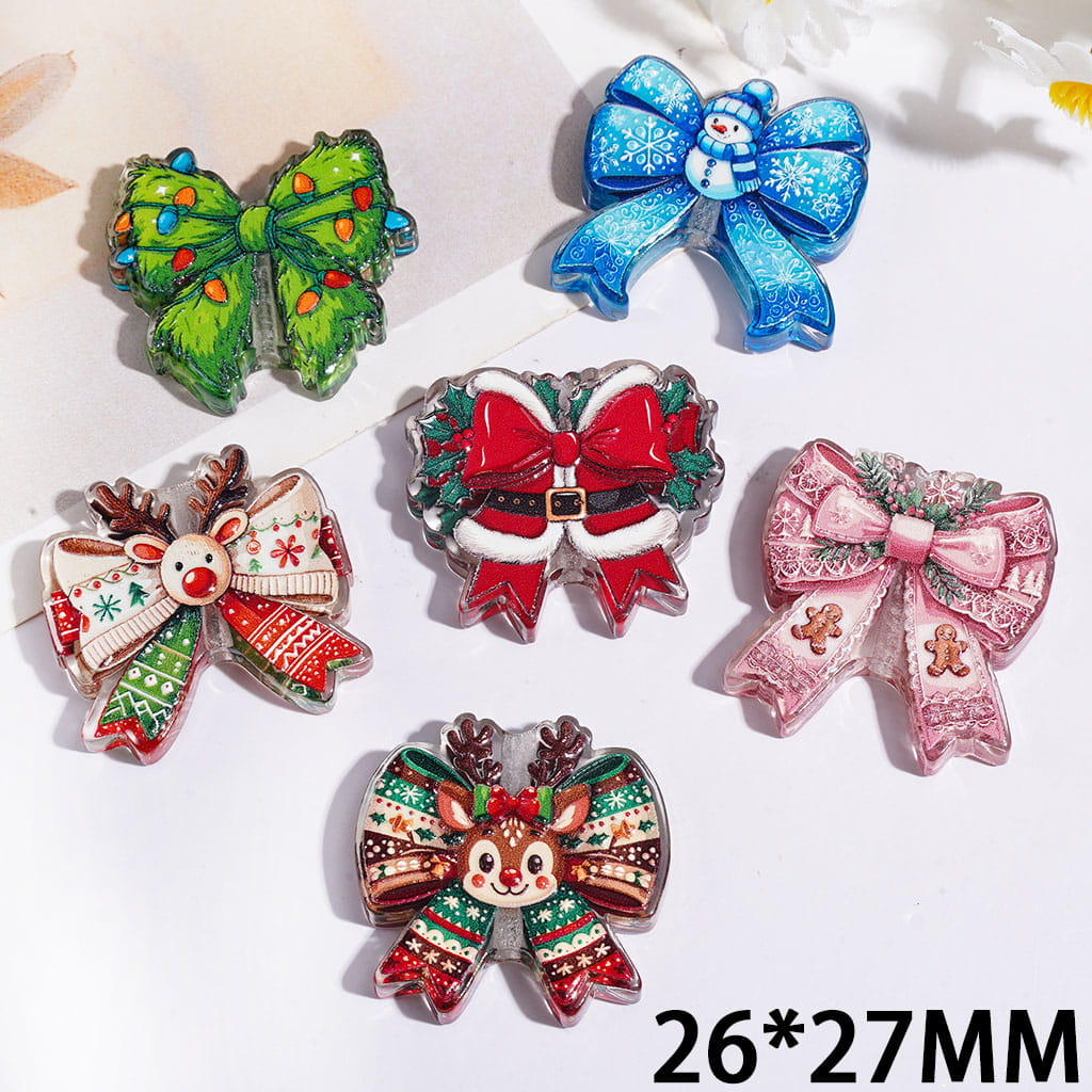 Acrylic Beads Bowknot with Christmas Tree Lights Snowmen Santa Belt Reindeer Gingerbread Man, 26*27MM Random Mix