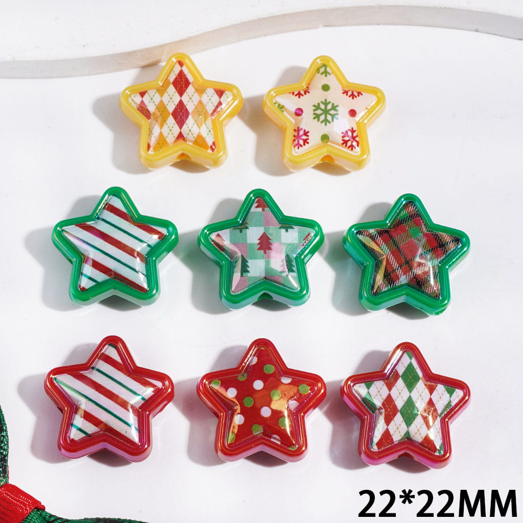 Christmas Theme Five-Pointed Star Acrylic Beads, UV Finish, 22*22MM Random Mix