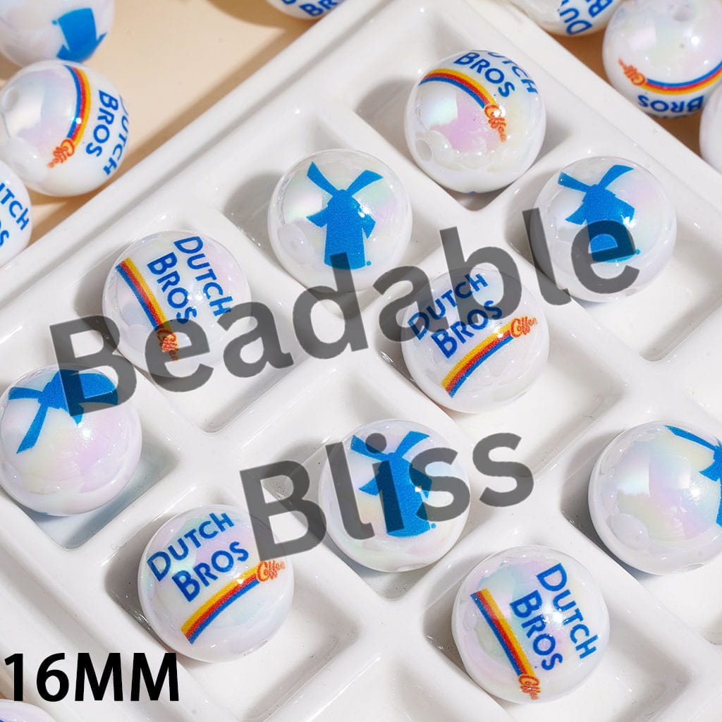 UV Coated Acrylic Beads for Bracelets Blue Windmill Coffee Theme, 16MM, Random Mix