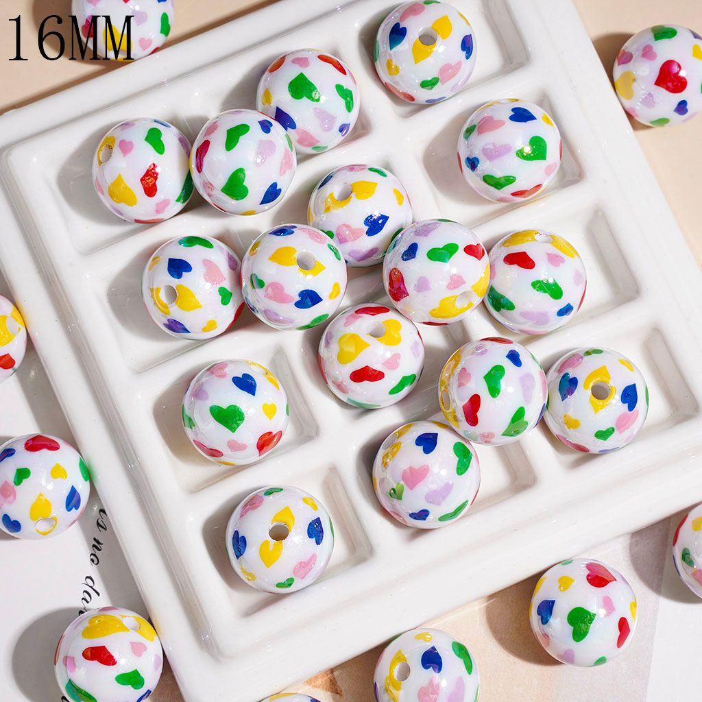 UV-Coated Acrylic Beads for Bracelets with Various Colors Heart Polka Dots, 16MM