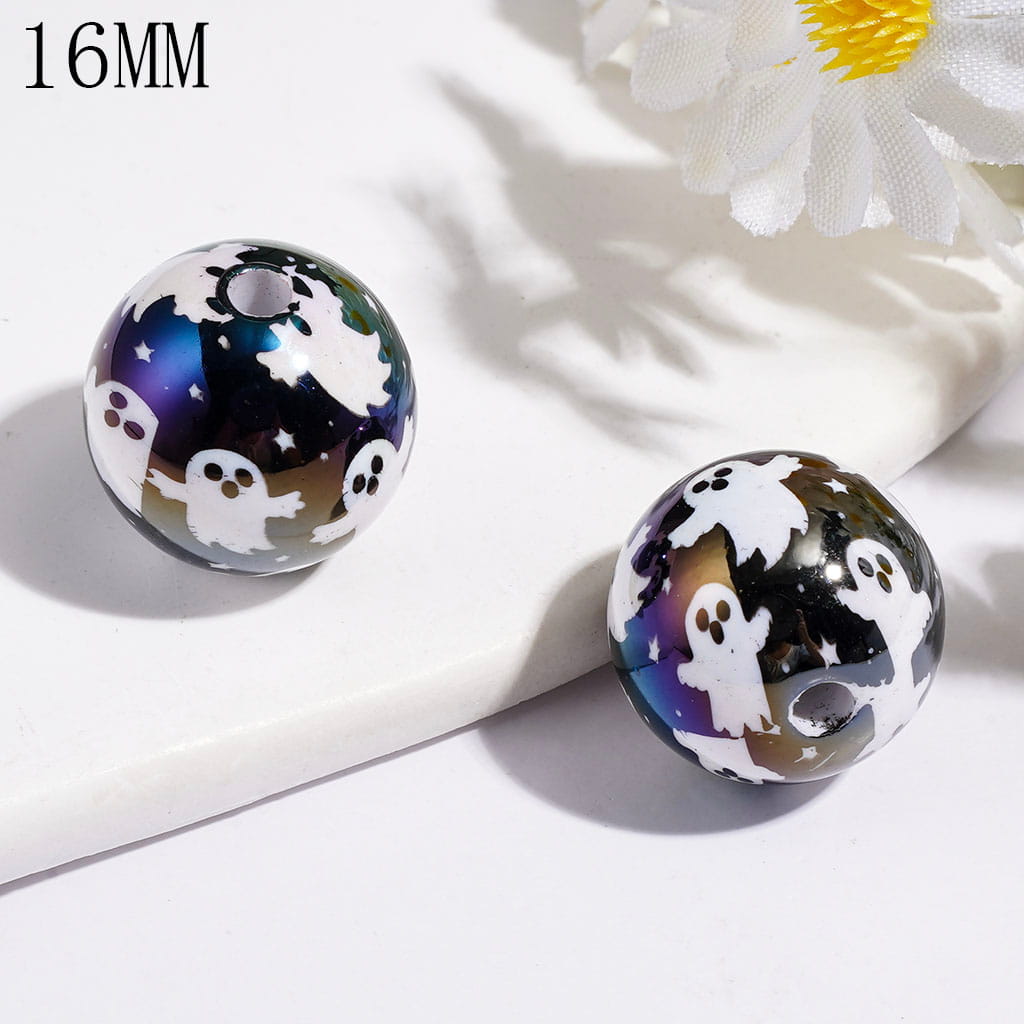 UV-Coated Halloween White Ghost Print Black Round Acrylic Beads for Bracelets, 16MM, Random Mix