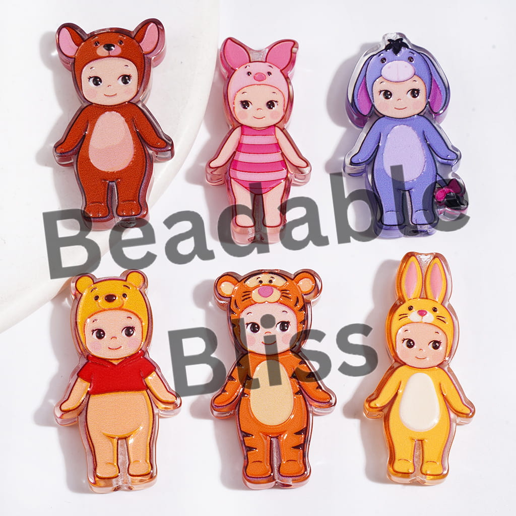 Semi-Clear Acrylic Beads Angel Doll with Classic Animation Animal Suit, Random Mix