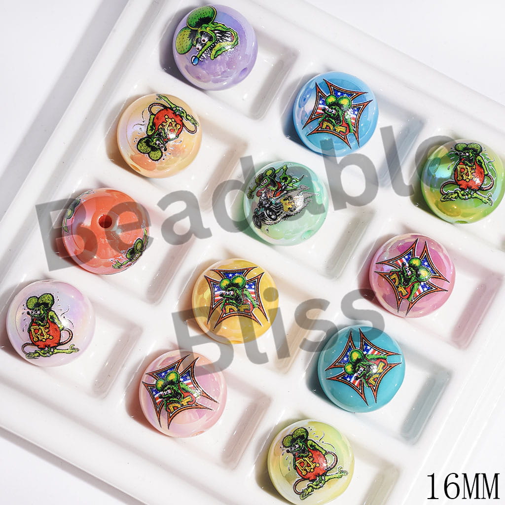 Acrylic Beads UV Finish with Green Mouse Character Print Series, 16MM, Multi-Color, Random Mix