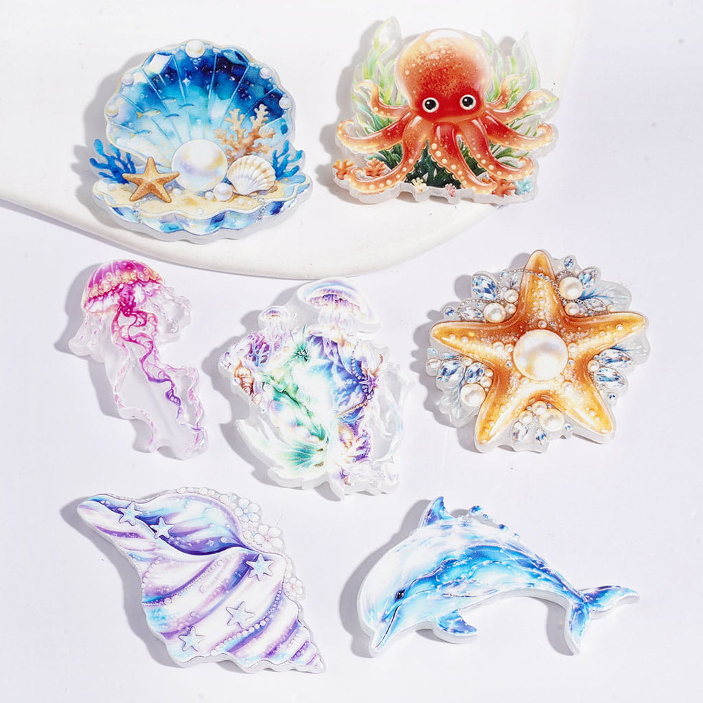 Acrylic Beads Ocean Series with Octopuses Jellyfish Dolphins Seashells Starfish Conch Shells, Random Mix