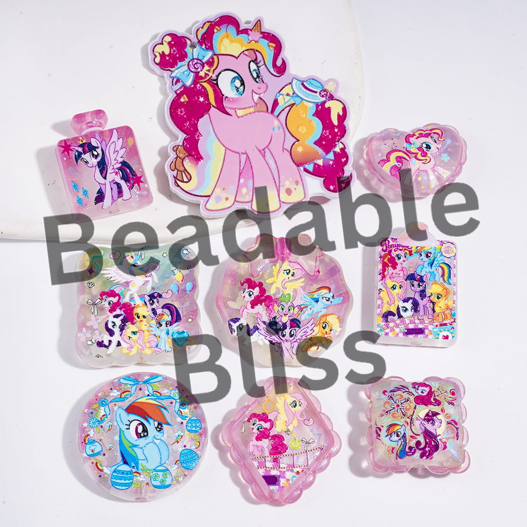 Acrylic Beads and Pendants Unicorn Little Horse Character with Glitter, Random Mix