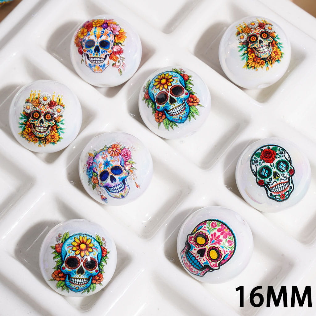 UV Coating Day of the Dead Head Skull with Flower Hellowen Theme Round Acrylic Beads for Bracelets, 16MM, Random Mix