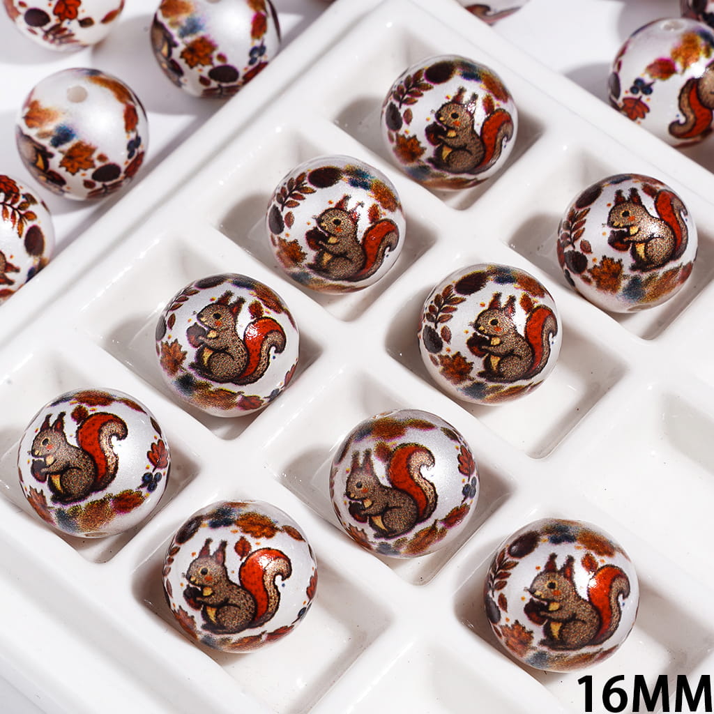 Woodland Brown Squirrel with Nut and Leaf Design Printed Round Acrylic Beads for Bracelets, 16MM