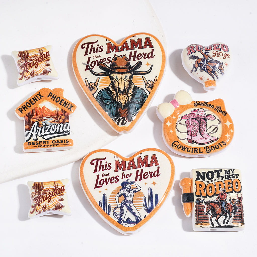 Rustic Western Cowboy & Cowgirl Designs with Country Style Text Acrylic Beads, Assorted Random Mix