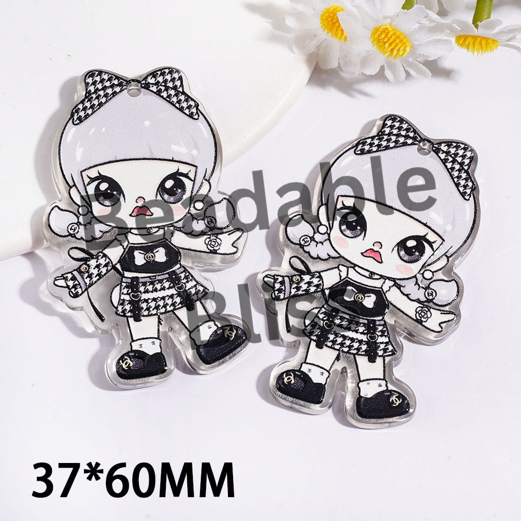 Clear Single Side Prints Acrylic Pendants Silver Haired Girl in Luxurious Clothes, 37*60MM