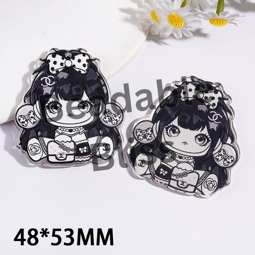 Fashionable Girl in Sitting Position Acrylic Pendants, 48*53MM, Single Side Prints, Clear