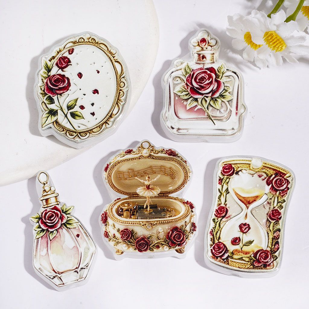 Elegant Vintage Rose Flower, Hourglass, Perfume, Music Box & Mirror Acrylic Beads, Random Mix