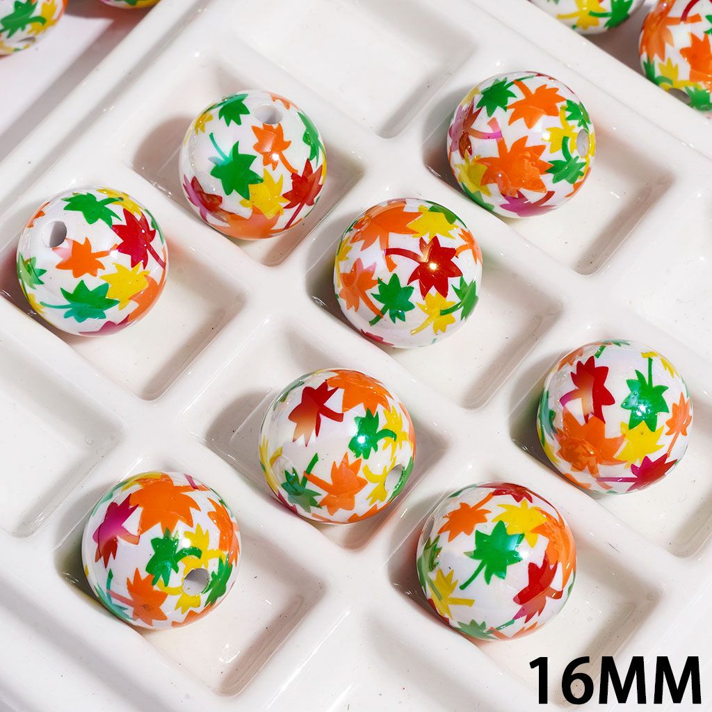 UV-Coated Charming Colorful Maple Leaf Printed Round Acrylic Beads for Bracelets, 16MM