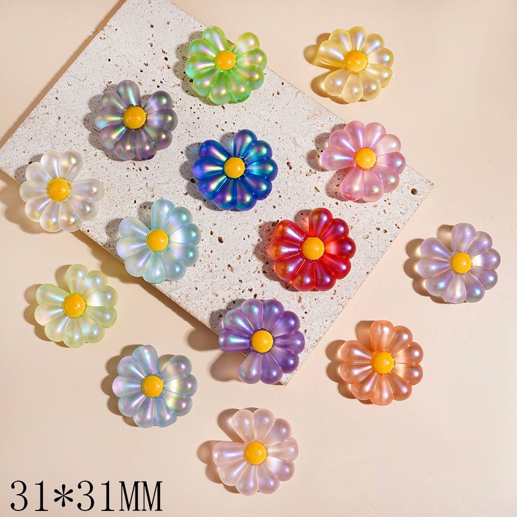 UV-Coated Iridescent Rainbow Daisy Flower Acrylic Beads, Large Hole Design, 31*31MM, Multi-Color, Random Mix (The Hole Diameter is Around 4MM)