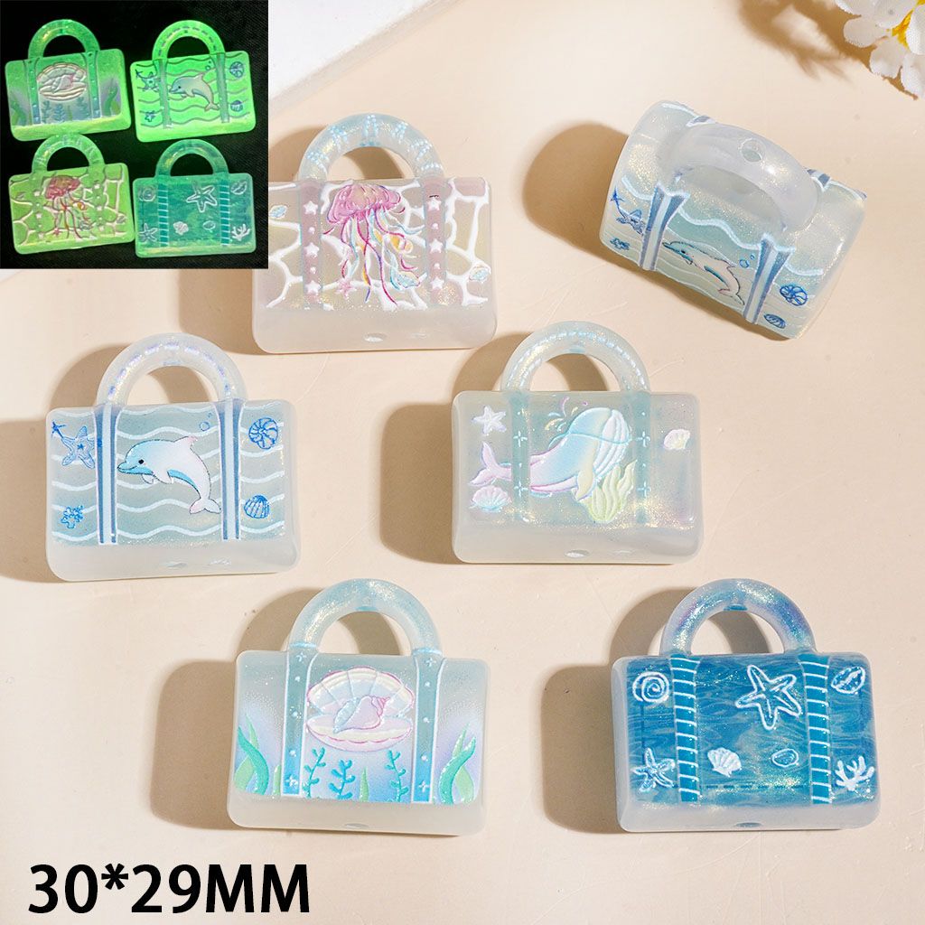 Acrylic Beads & Pendants Luminous Handbag with Glitter & Ocean Dolphin Starfish Shell Conch Patterns, 30*29MM, Random Mix