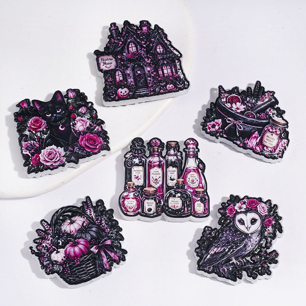 Halloween Rose Night Gothic Style Acrylic Beads, Castle House Owl Black Cat Witch Cauldron Herb Jar Magic Potion Bottle Set Pumpkin Flower Basket