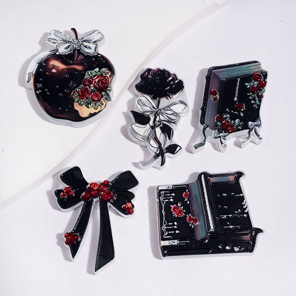 Acrylic Beads with Rose Flower Apple Bowtie Piano Diary in Dark Romantic Series, Random Mix