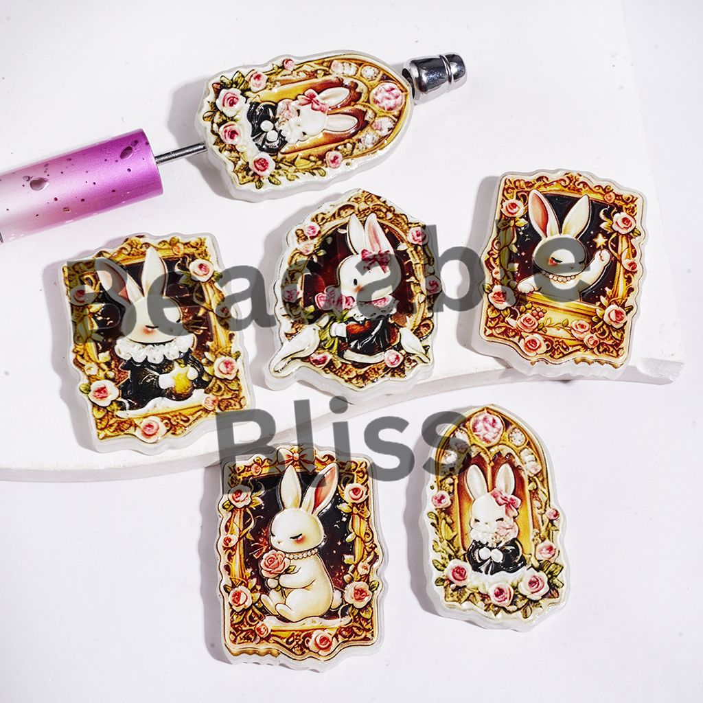 Acrylic Beads Picture Frame with Rose Flower Rabbit, Gold Border, Random Mix