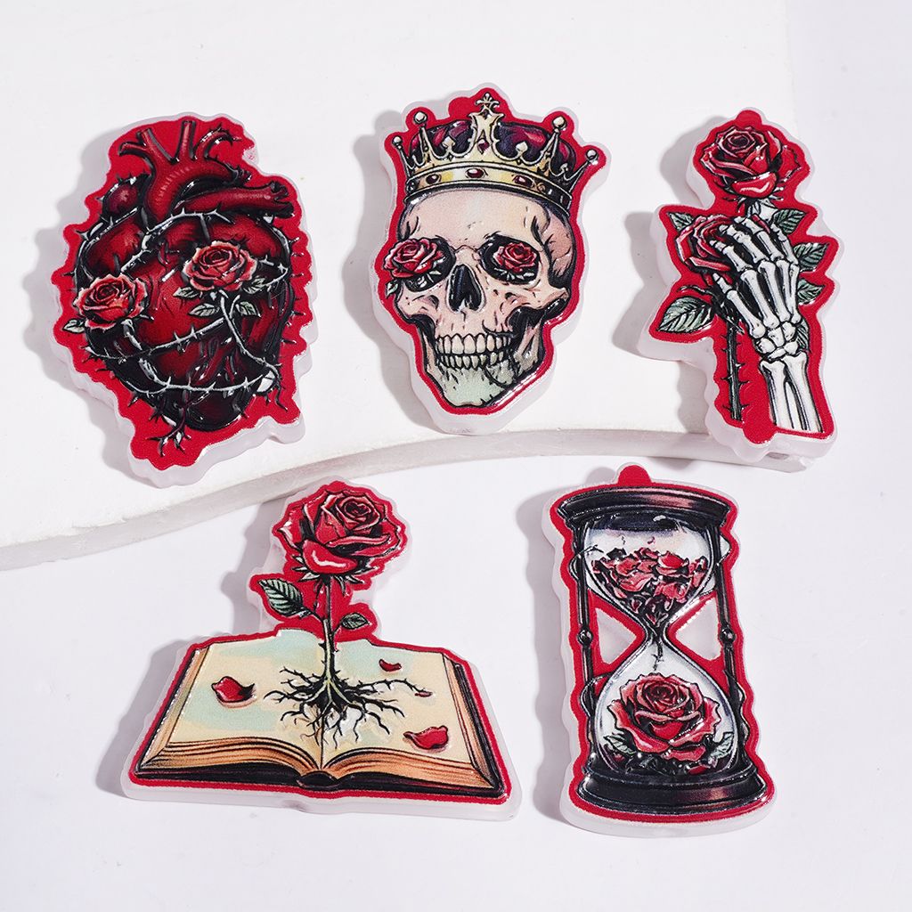 Acrylic Beads Halloween Red Rose Flower Dissected Heart Hourglass Book Skull and Hand, Random Mix