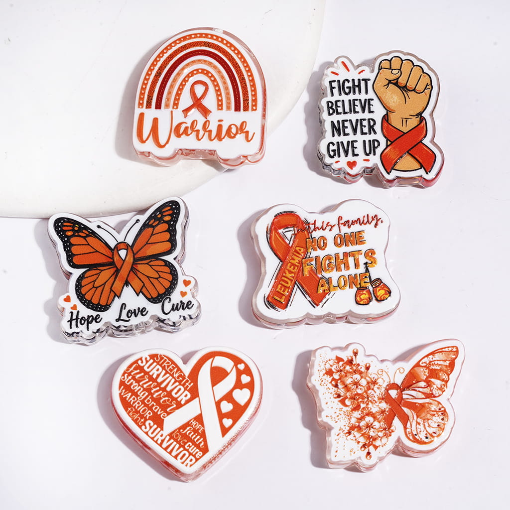 Acrylic Beads Leukemia Awareness in Orange Series, Silk Ribbon Butterfly Fist Pattern, Random Mix