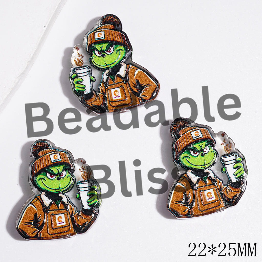 Funny Christmas Green Character Series Wearing Brown Clothes and Holding Coffee Acrylic Beads, 22*25MM